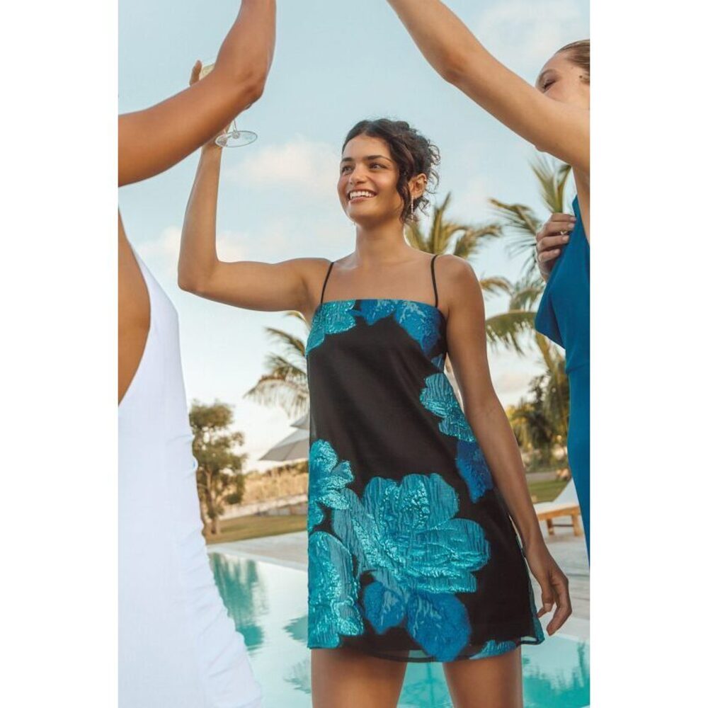 Lulus Yavanna Black And Blue Floral Jacquard Shift Mini Dress - Size S